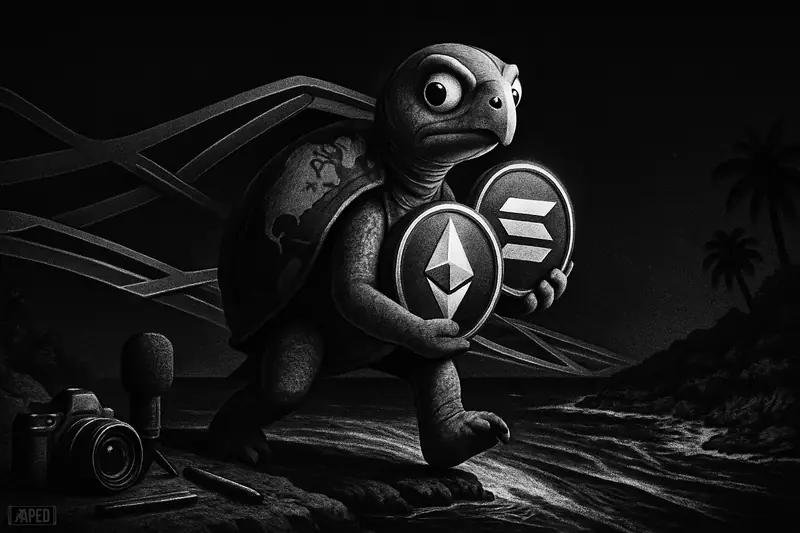 A grayscale courier creature crosses between two tropical coasts amid network rails and creator tools, symbolizing quiet cross-border crypto payouts.