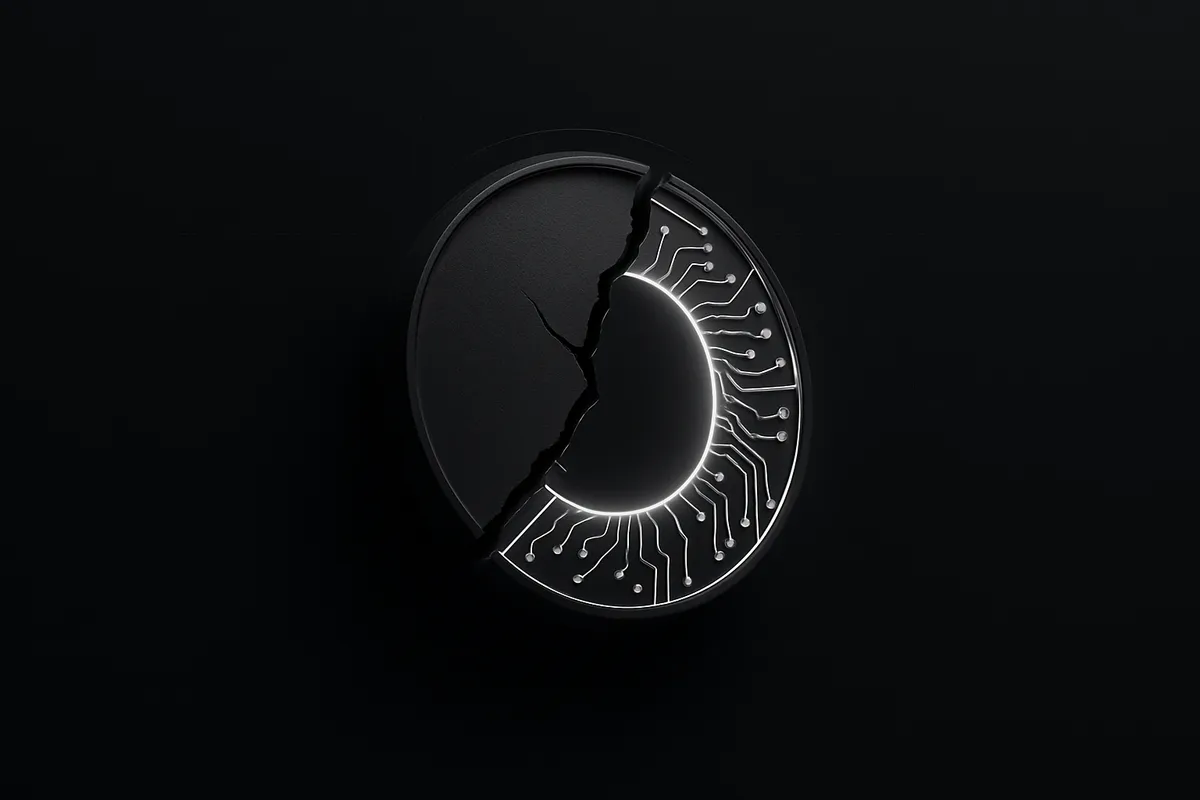 A fractured metallic coin reassembled with neon circuit seams, hovering above dark rippling waves on a black background.