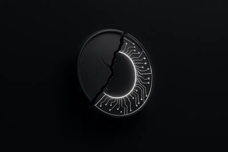 A fractured metallic coin reassembled with neon circuit seams, hovering above dark rippling waves on a black background.
