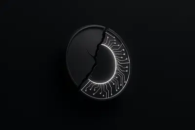 A fractured metallic coin reassembled with neon circuit seams, hovering above dark rippling waves on a black background.