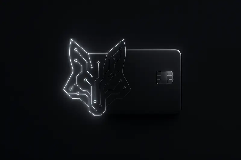 On a black background, a luminous fox silhouette made of circuitry blends into a metallic debit card with flowing neon payment lines.