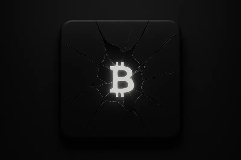 Cracked obsidian mirror on a dark background, reflecting a faint glowing coin shape through fractured shards and thin light rays.