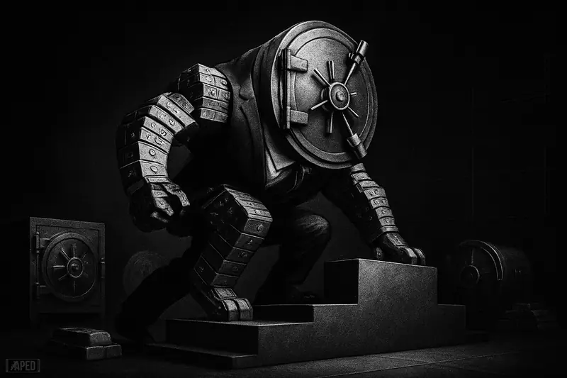 A giant vault-like beast climbs a corporate podium in a dark finance setting, symbolizing a company rising into the top tier of Bitcoin treasuries.