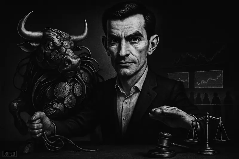 Vugar Usi, in exaggerated photorealistic caricature, calmly restrains a chaotic token bull while compliance symbols sit beside him in a dark trading scene.