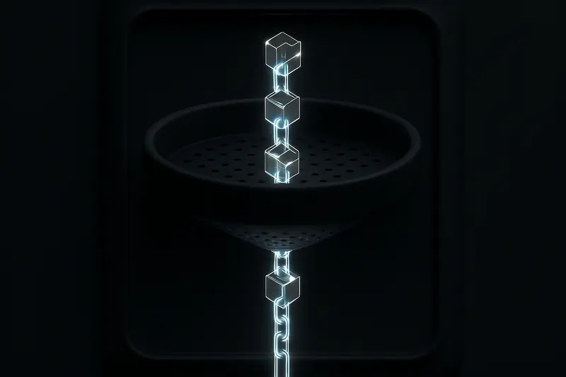 Glowing linked blocks flow through a shadowy metallic filter, emerging as fewer, brighter chains against a deep black background.