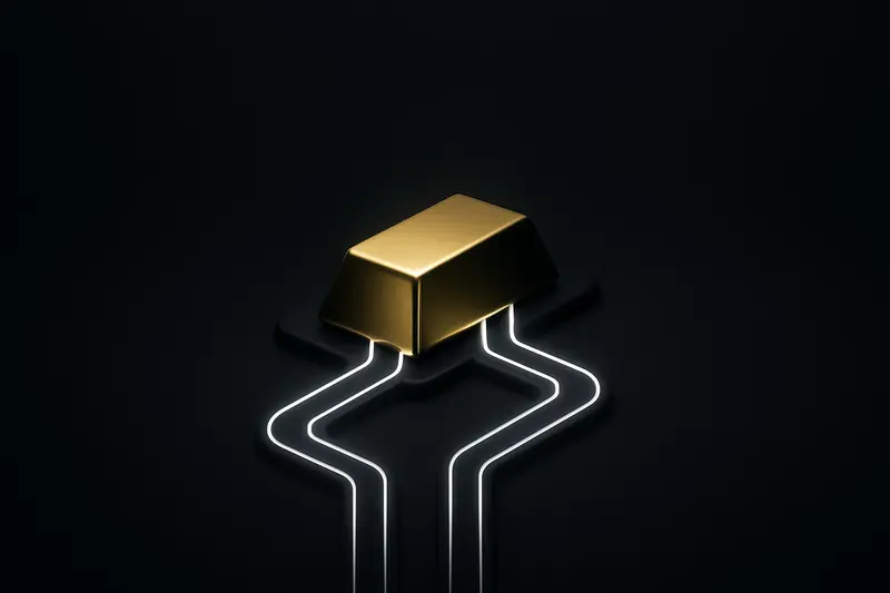 Glowing gold ingot suspended above two neon circuit-like rails, with flowing light streams on a dark minimalist background.