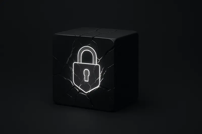 A glowing padlock inside a cracked crystal cube, with faint neon circuitry and particle noise on a black background.