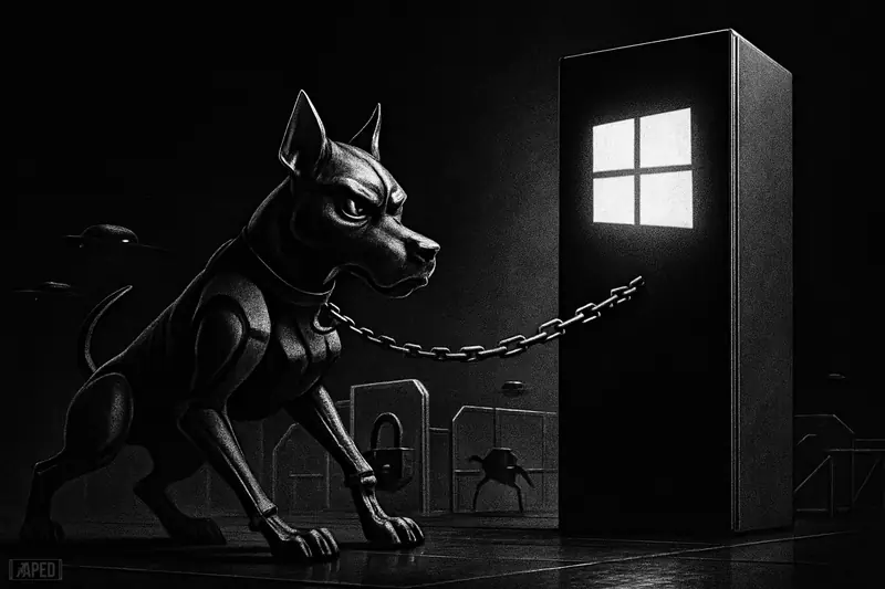 A metallic robotic hound on a high-tech leash stands before a dark server monolith, surrounded by security barriers and shadowy AI drones.