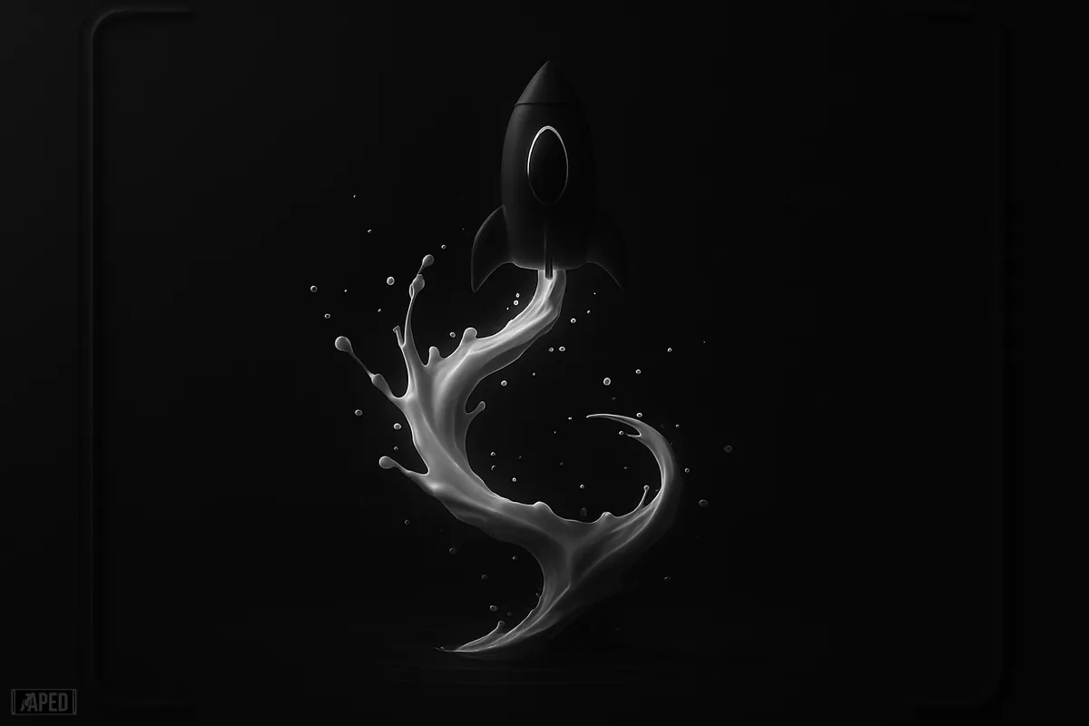 Glowing white milk splash twisting into a rocket-like spiral above dark neon waves on a black futuristic background