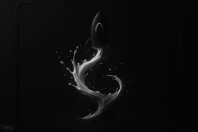 Glowing white milk splash twisting into a rocket-like spiral above dark neon waves on a black futuristic background