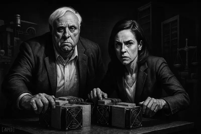 Jim Justice and Katie Britt loom over ASIC mining machines in a dark Senate-industrial scene, with shadowy factory hardware behind them.