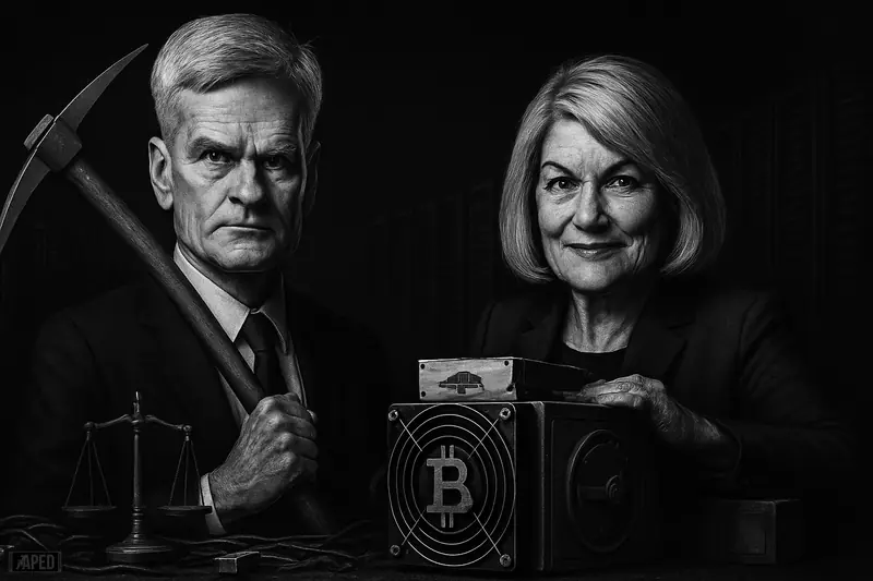 Bill Cassidy and Cynthia Lummis stand beside mining hardware and server racks in a moody grayscale editorial caricature scene.