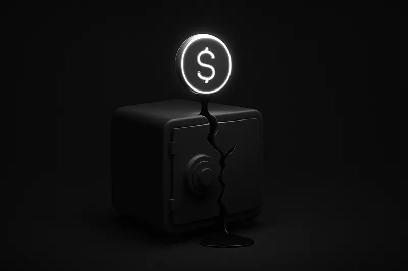 A dark vault with cracked steel doors as a glowing coin draws black liquid into a thin, luminous tube.
