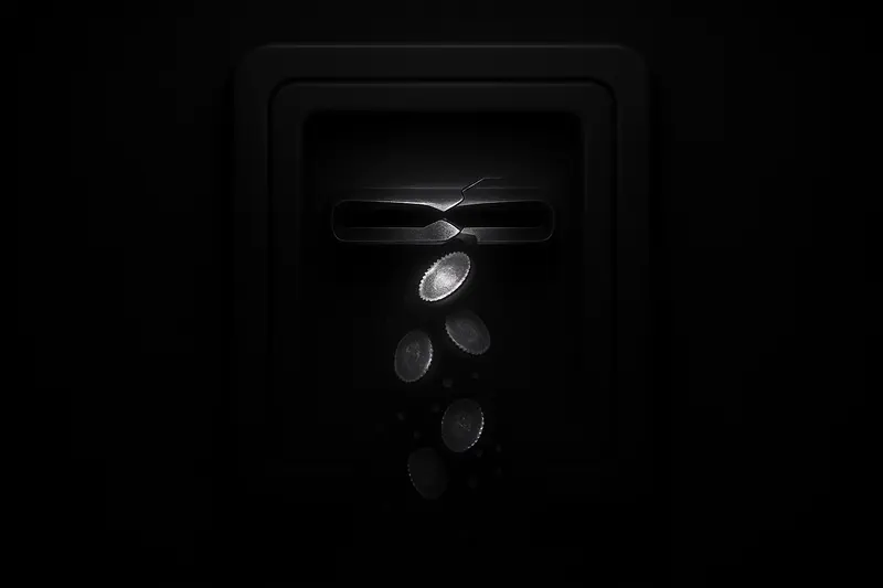 A dark crypto-style ATM with a cracked screen, glowing slot, and pixelated coins spilling onto a black background.