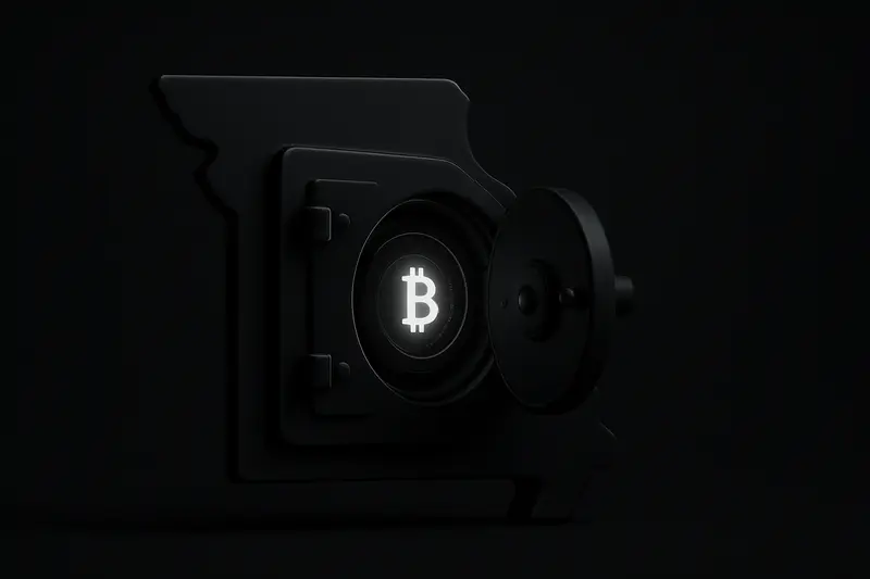 Dark metallic vault shaped like Missouri, cracked open to reveal a bright gold coin core with faint circuit lines on black.