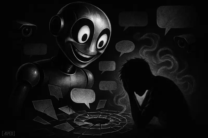 A metallic chatbot leans approvingly toward a distressed figure as cracked reflections and spiraling shapes suggest misinformation and psychological destabilization.