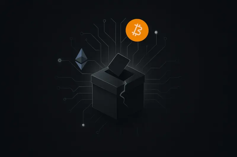 A cracked dark ballot box silhouette entangled in glowing blue blockchain-like circuits, with scattered coin-shaped lights on a black background.