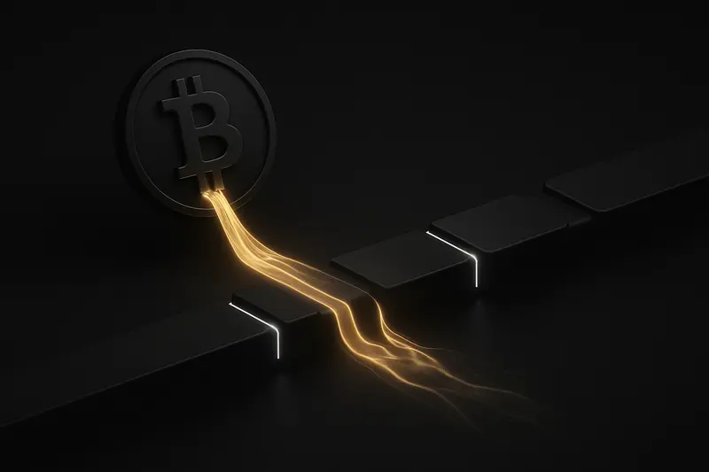 Glowing golden liquid streams across a fragmented neon bridge into a dark geometric circuit landscape on a black background.