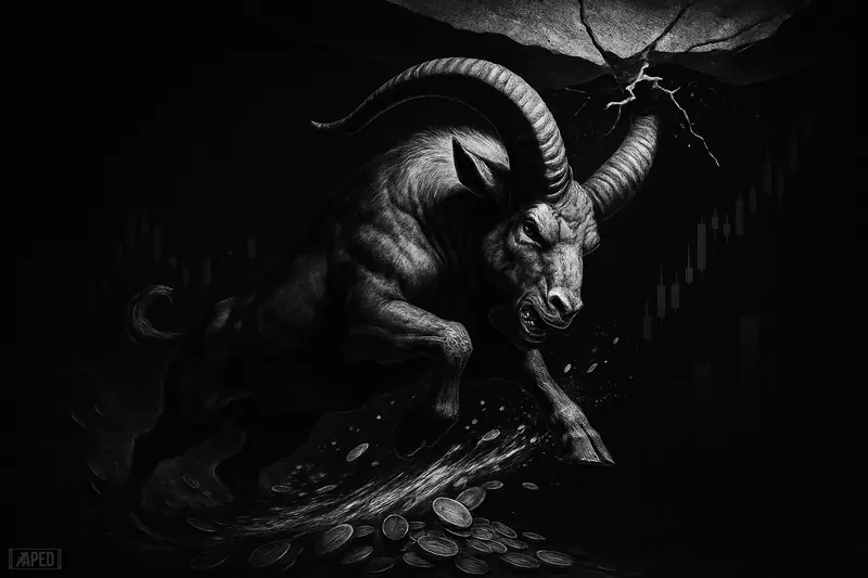 A grayscale mountain goat leaps upward through cracking stone as coin-like currents swirl below in a dark market-themed scene.