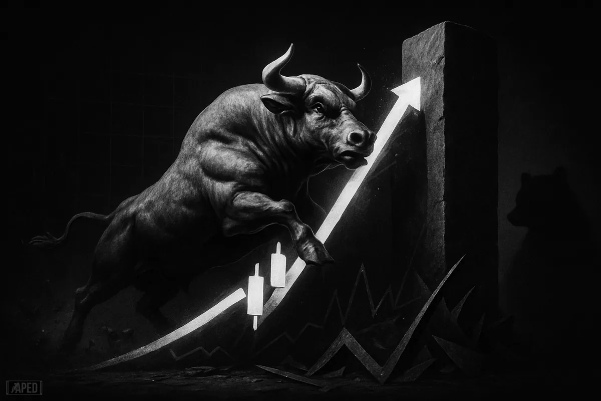A monochrome bull charges up a rising channel and slams into a towering barrier, while a bear shadow lurks nearby.