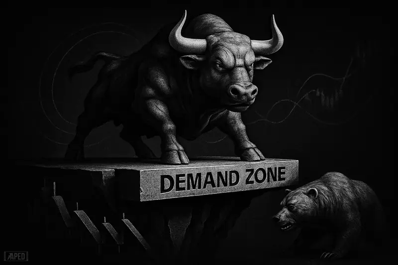A monochrome bull defends a ledge above an abyss while a bear lurks below, symbolizing a crypto support test after a pullback.
