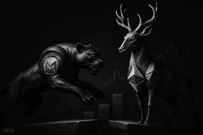 A stealthy panther and armored stag confront each other on a dark podium, symbolizing Monero closing in on Cardano in crypto rankings.