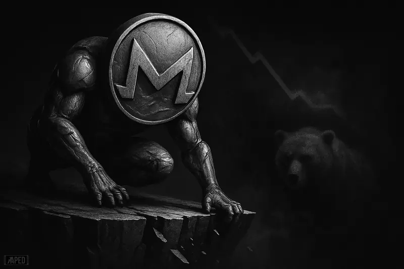 A metallic privacy-themed beast hesitates on a crumbling cliff as a shadowy bear rises below in a dark grayscale market scene.