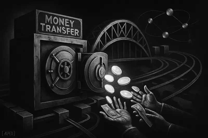 A dark grayscale payment hub scene with bridge, vault blocks, cash and token flow, showing global stablecoin transfers across connected rails.