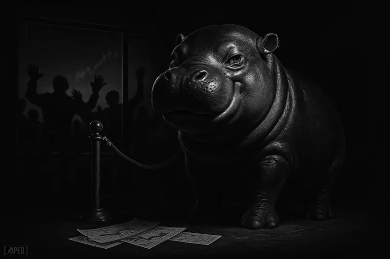 A smug pygmy hippo stands in a dark zoo enclosure while shadowy traders react behind glass amid a tense speculative frenzy.