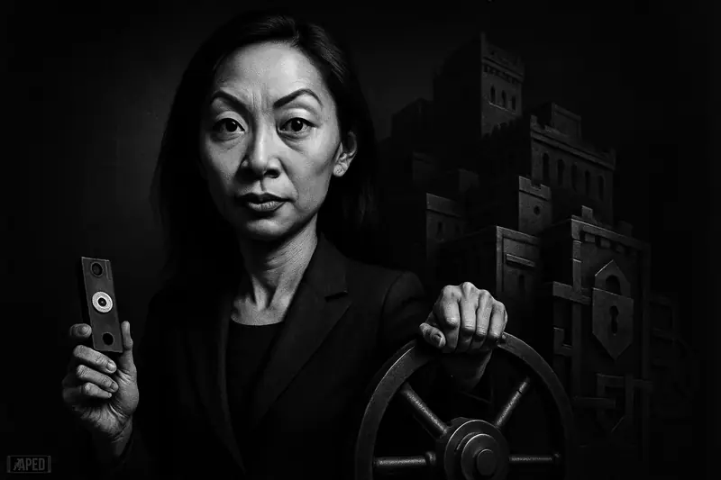 Caroline Pham stands before a giant vault wheel in a dark crypto custody chamber filled with locks, safes, and security hardware.