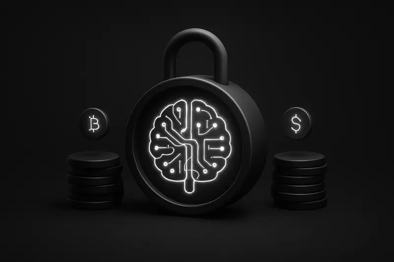 A dark metallic coin with a padlock core and neon circuit patterns, floating over faint transaction lines on black.