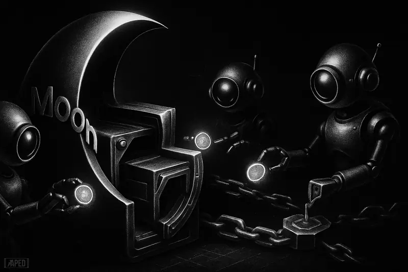 A metallic moon-shaped gateway opens into a mechanical wallet as AI drones exchange payments across dark interconnected blockchain rails.
