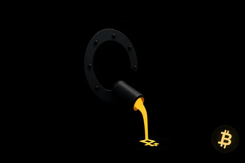 Matte-black bank vault cracked open, releasing a bright orange stream that pours into a minimalist coin shape on a dark background