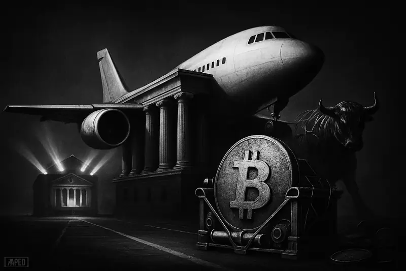 A bank-as-jet caricature readies a Bitcoin cargo for takeoff beside a stock-exchange tower, in a dark grayscale financial runway scene.