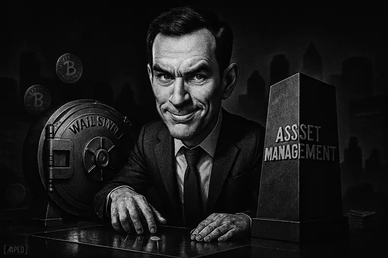 Eric Balchunas caricature studies a tense institutional Bitcoin ETF showdown between a bank vault and asset-management giant in a dark grayscale scene.