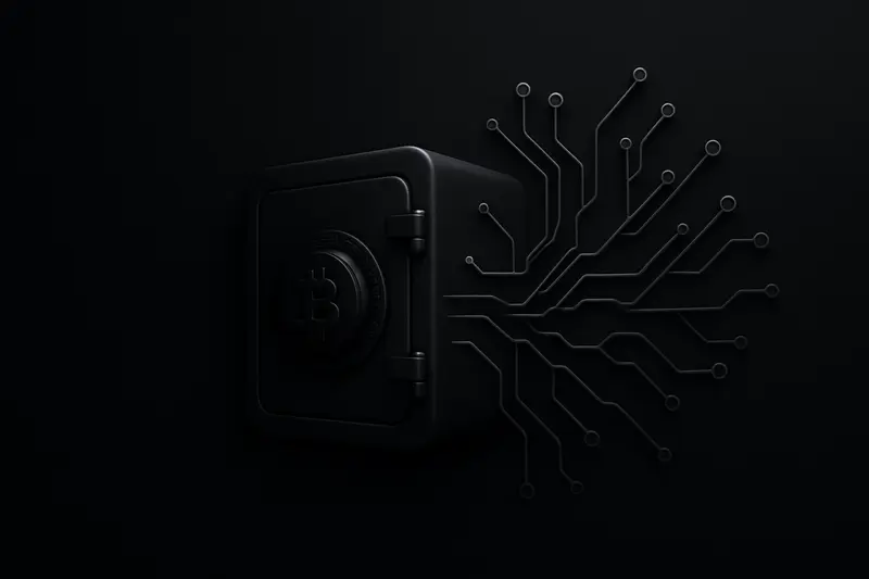 Matte-black steel vault with a glowing bitcoin-like coin inside, branching neon circuit lines spreading across a dark background.