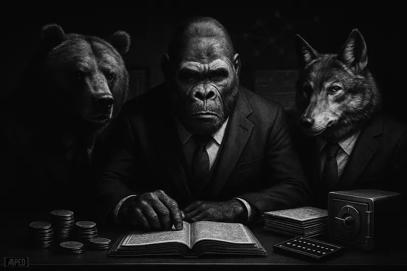 Three suited financial beasts at a trading desk with ledger, vault, and token objects in a dark grayscale institutional crypto scene.
