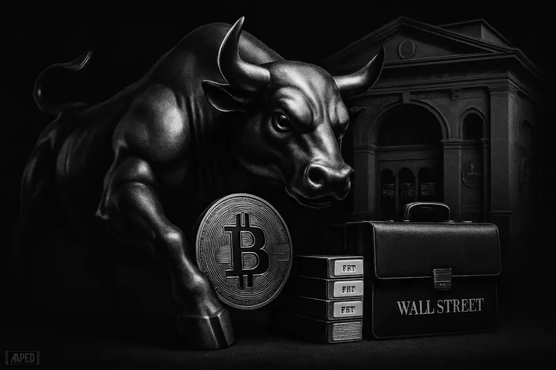 A metallic bull charges through a dark Wall Street scene with ETF binders, a briefcase, and a bitcoin medallion in stark grayscale.