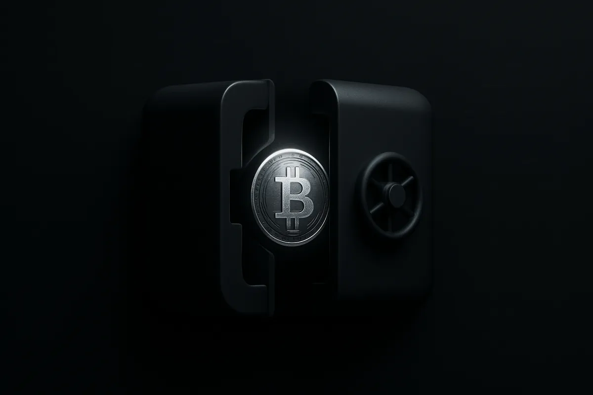 Two interlocking dark steel vault halves surround a glowing orange coin-like core, with cold blue circuitry on a black background.