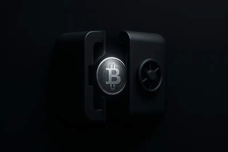 Two interlocking dark steel vault halves surround a glowing orange coin-like core, with cold blue circuitry on a black background.