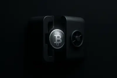 Two interlocking dark steel vault halves surround a glowing orange coin-like core, with cold blue circuitry on a black background.