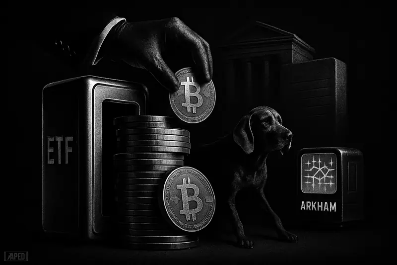 A grayscale institutional vault receives metal Bitcoin-like disks as a tracking hound and scanner watch in a dark financial scene.