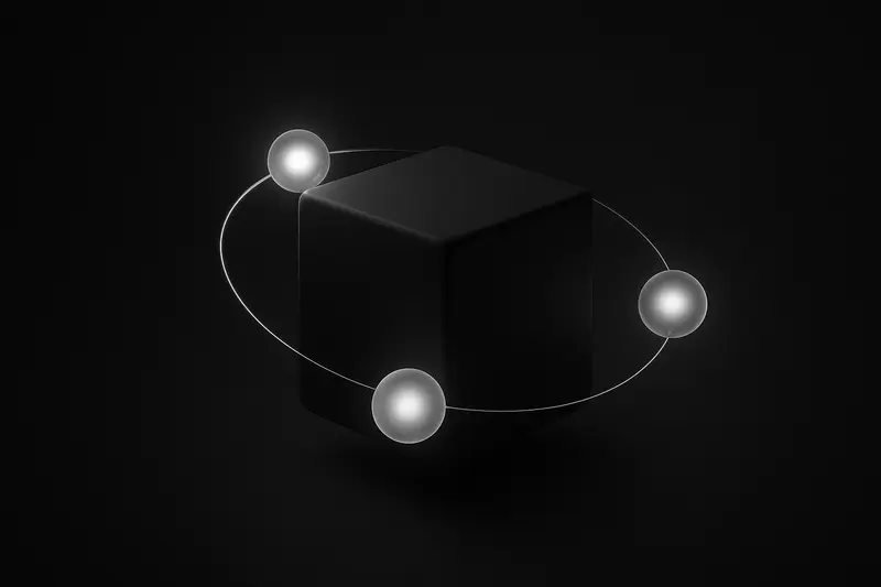 Three glowing orbs orbit a matte black cube, with faint circuit lines and star-like particles on a dark background.