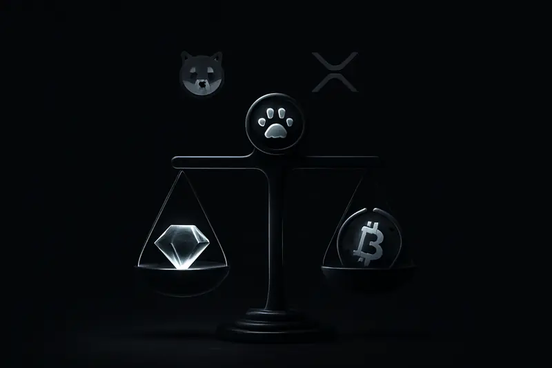 On a black background, a neon balance scale holds a glowing gem, a pawprint coin, and a cracked golden bitcoin drifting downward.