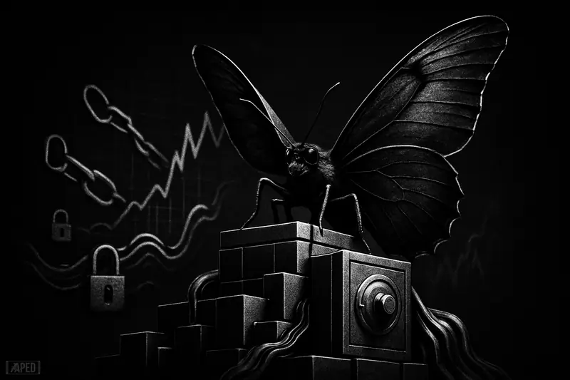 A monochrome insect-like morpho creature rises over vault blocks and network pipes in a dark DeFi-themed scene with triumphant momentum.