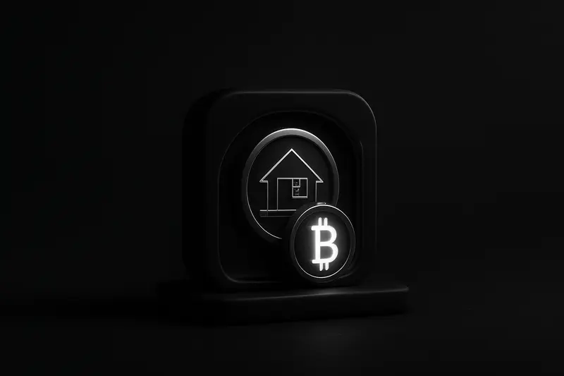 A dark house outline merging into a metallic vault, with floating glowing coins and circuit lines on a black background