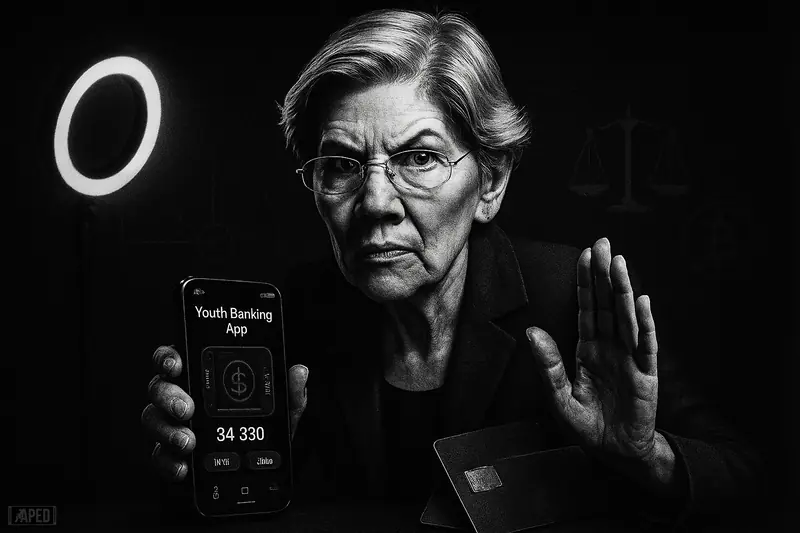Elizabeth Warren warns sternly over a shadowy teen banking app scene with fintech props, justice symbols, and influencer studio elements in grayscale.