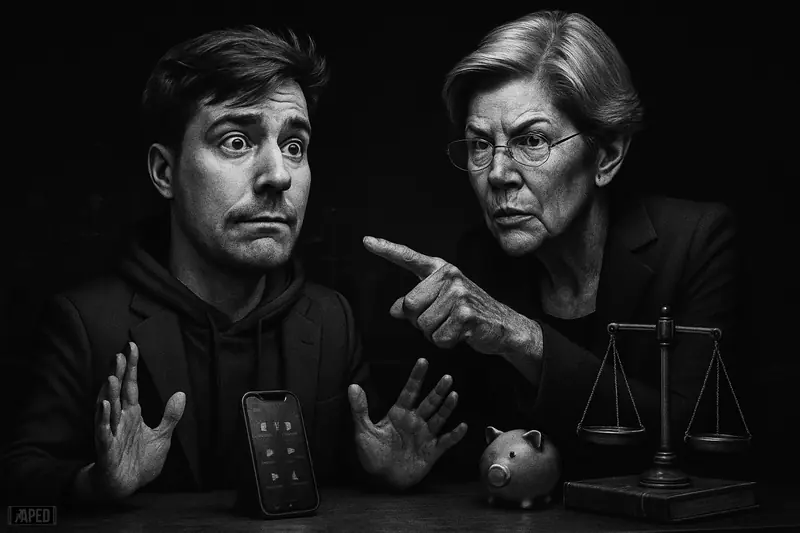 MrBeast sits tense at a senate hearing table as Elizabeth Warren points and interrogates him, with gavel, scales, and a phone nearby.