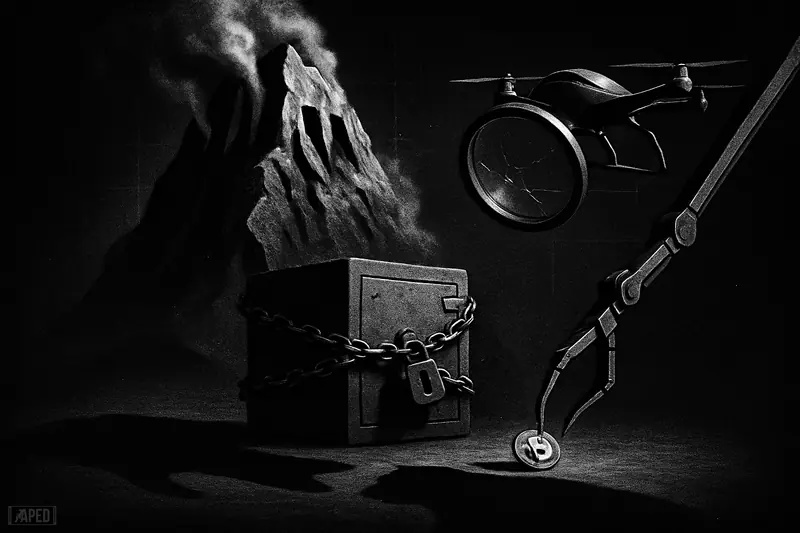 A haunted, mountain-like server fortress and chained vault show a tiny transfer, while whale and bear shadows imply rumors under noir lighting.