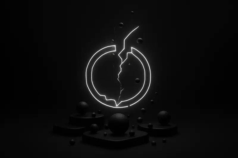 Glowing neon circuit halo fractures into rising particles above dark blockchain nodes on a black, smoky futuristic background.